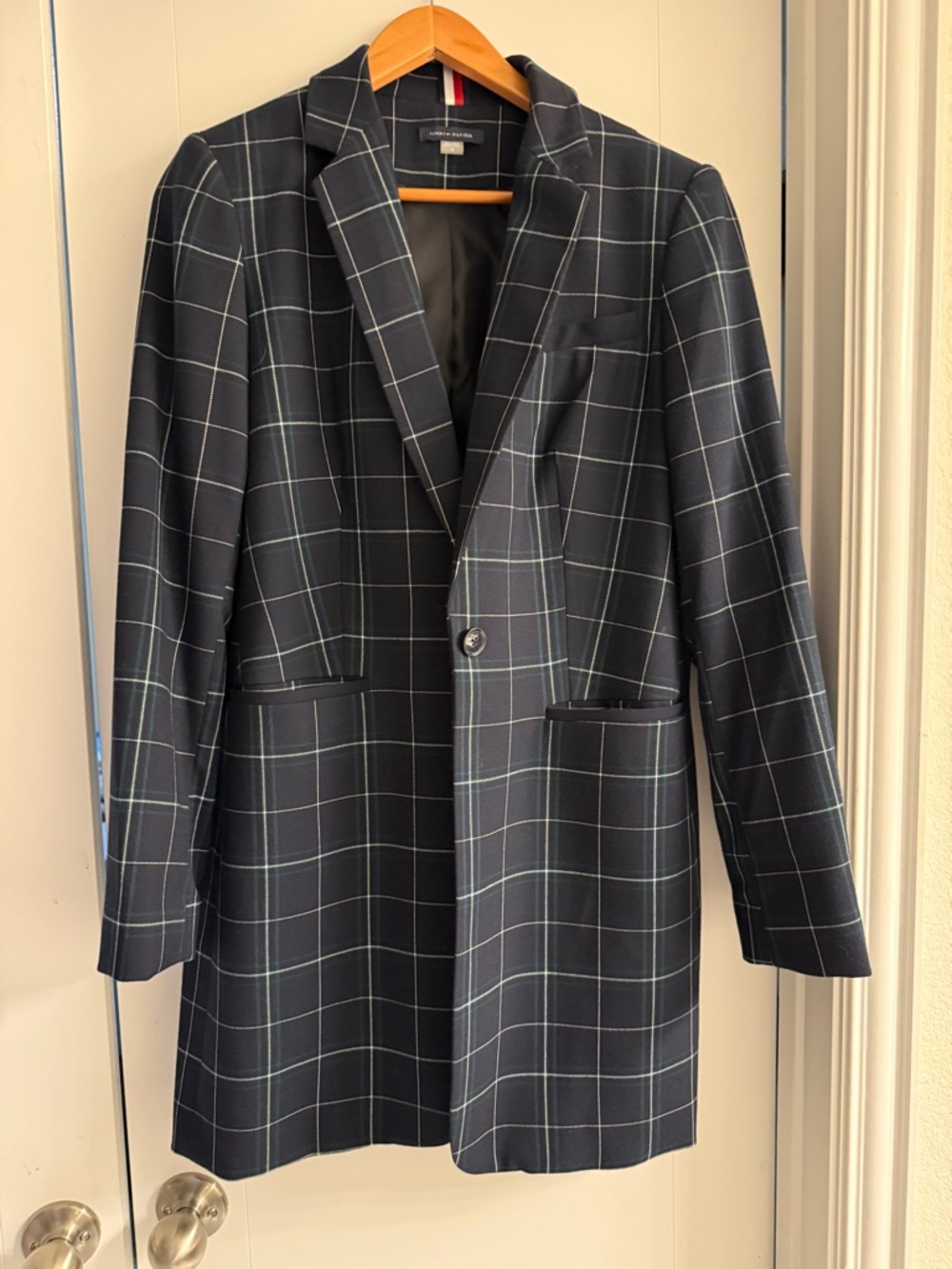 Tommy Hilfiger Navy Windowpane Single-Button Blazer Knee Length Size 12